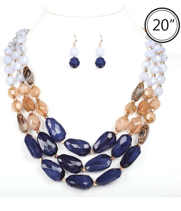 Multi facet resin stone and wood bead mix 3 layer necklace set
