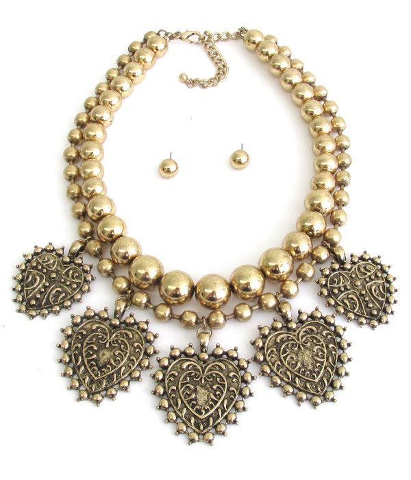 Chunky metal heart dangle double layer metal ball chain necklace