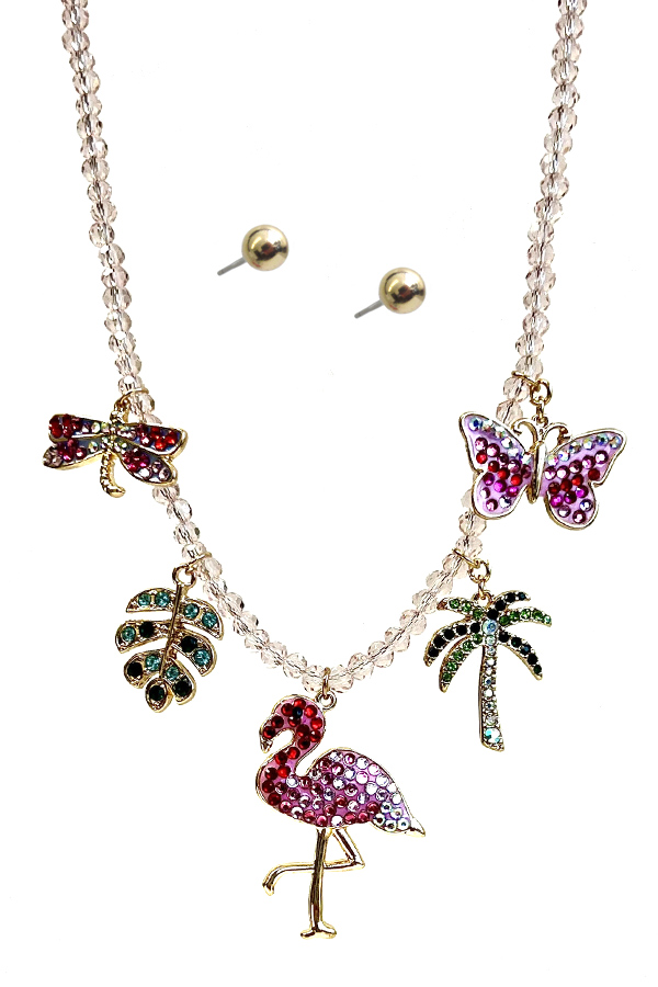 Tropical theme multi charm necklace - flamingo palm tree