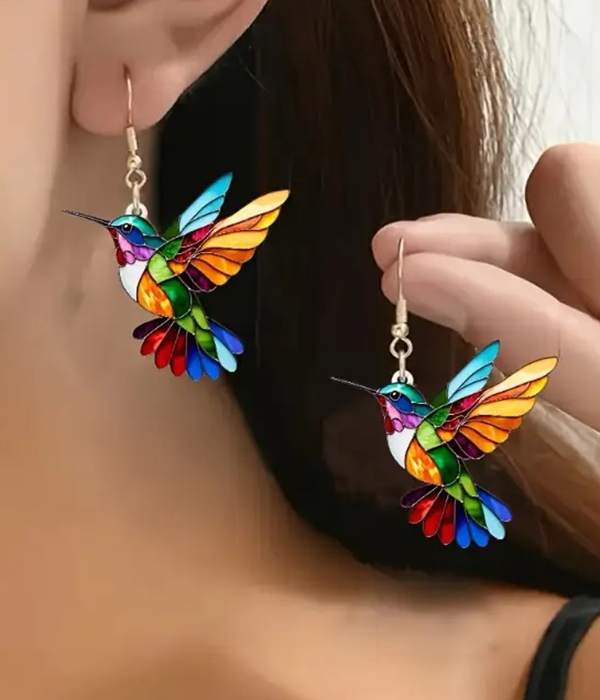 Mosaic acrylic hummingbird earring