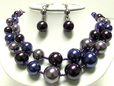 Colored pearl double strand necklace earring set