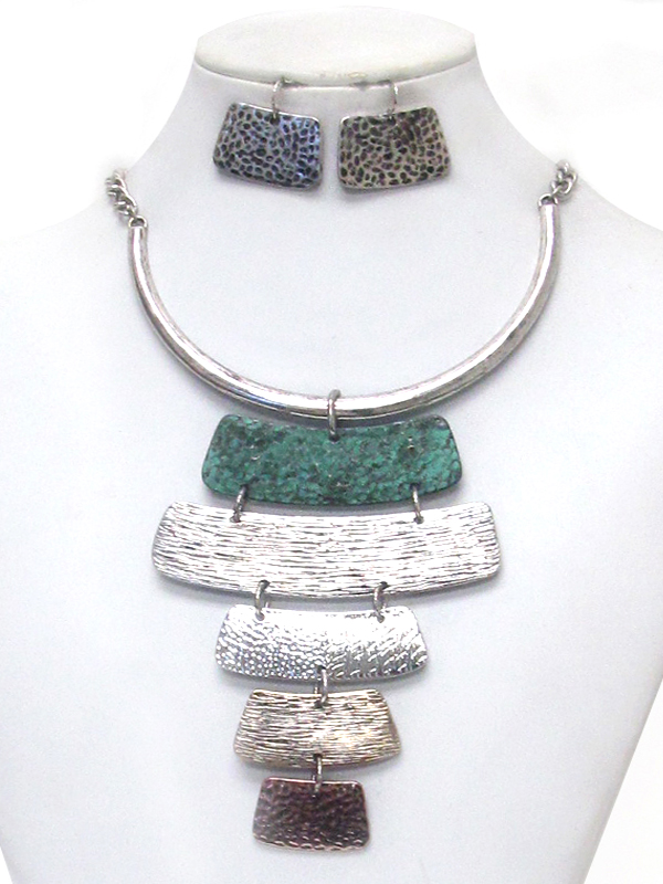 Multi textured metal bar link drop half choker necklace set