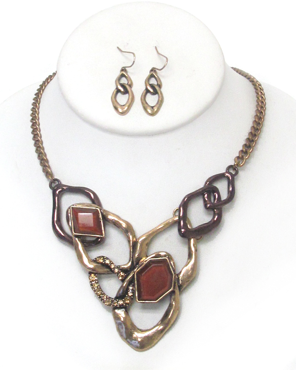 Natural shape metal link and crystal necklace set