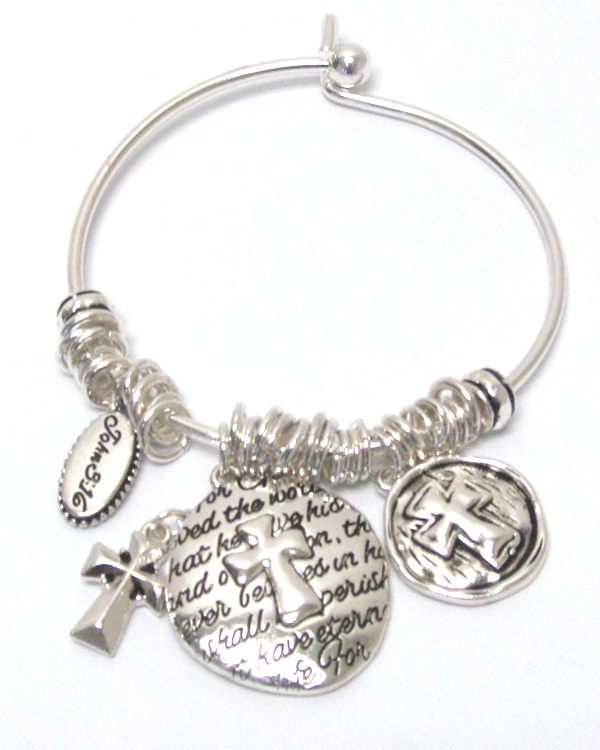 Cross charm bible message charm bangle bracelet - john 3:16