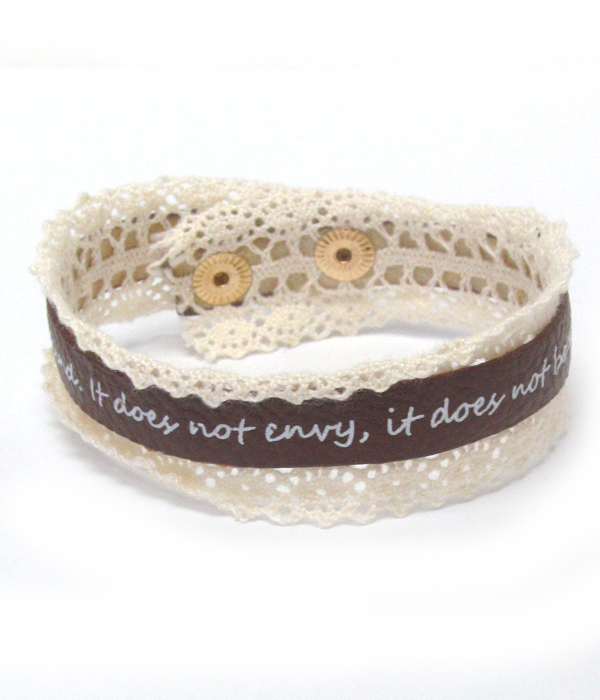 Love bible message leather lace button bracelet - corinthians 13
