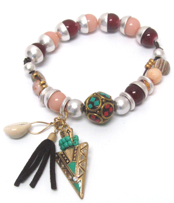 Chevron charm and suede taseel mixed bead stretch bracelet