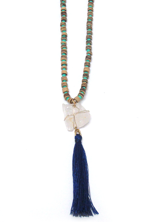 Semi precious stone and tassel drop long beads necklace