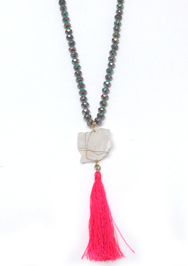 Semi precious stone and tassel drop long beads necklace