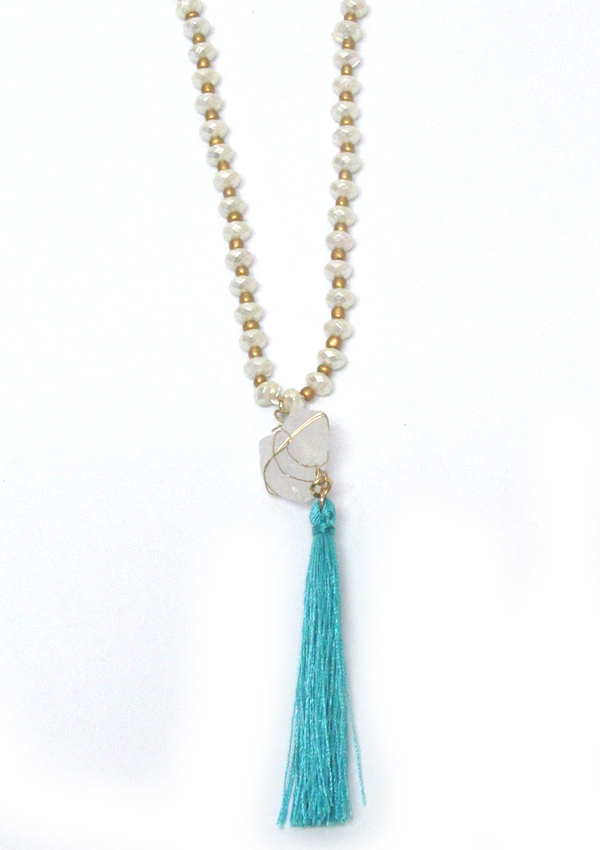 Semi precious stone and tassel drop long beads necklace 