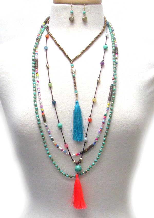 Multi layer beads tassel drop necklace set