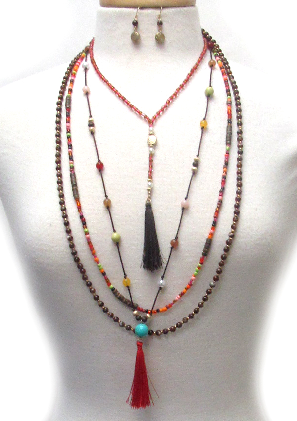Multi layer beads tassel drop necklace set