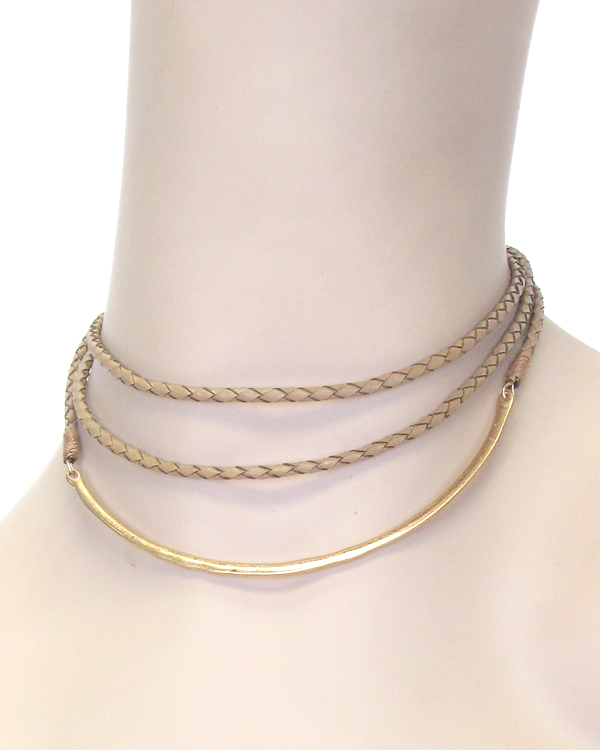 Triple layer leatherette and metal choker necklace