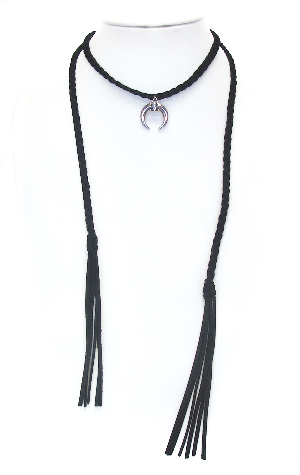 Squash blossom woven leatherette and long tassel drop choker necklace