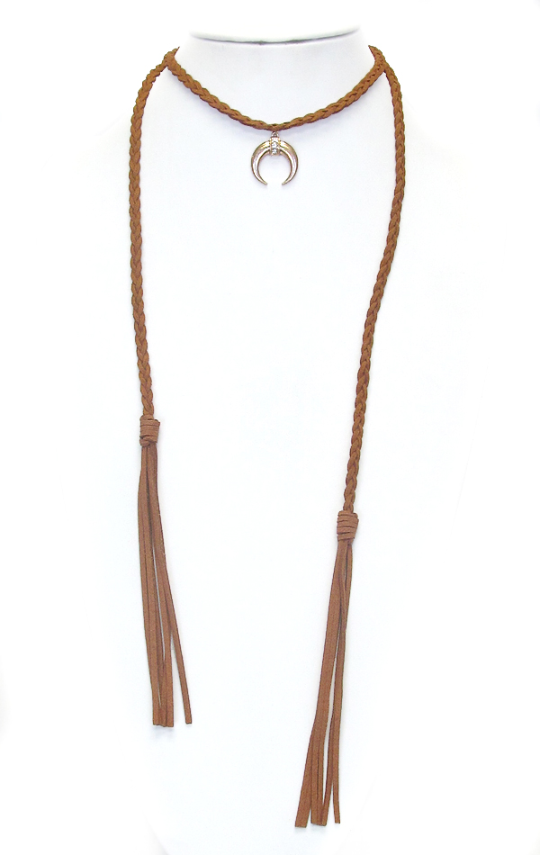 Squash blossom woven leatherette and long tassel drop choker necklace