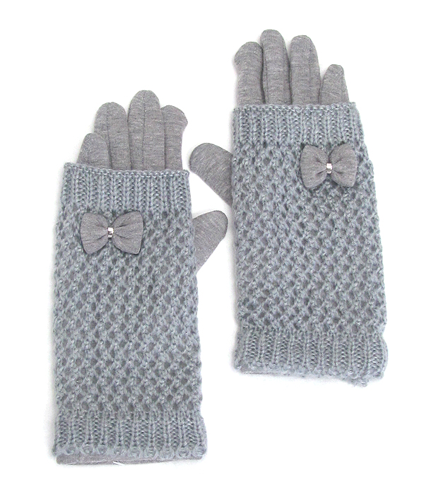 Bow accent knit double layer gloves