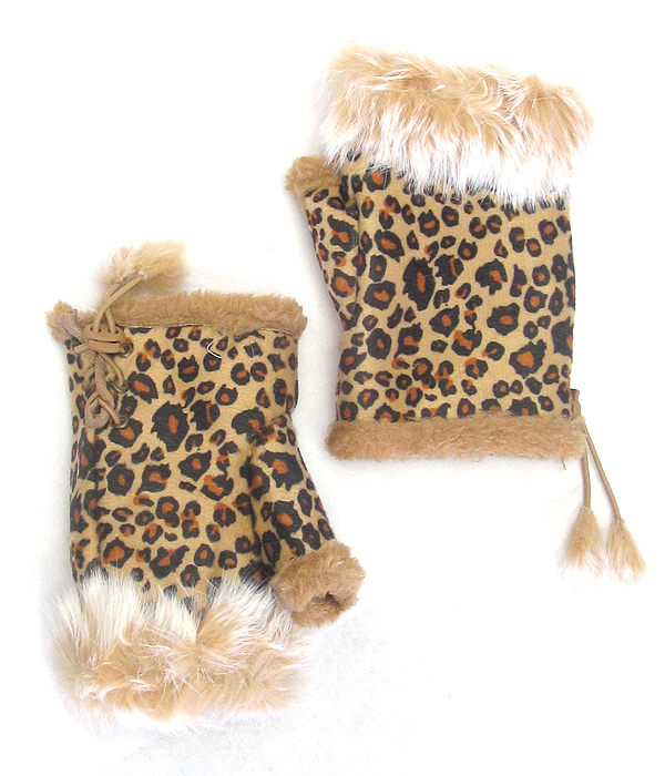 Animal print faux fur open fingertip mitten gloves