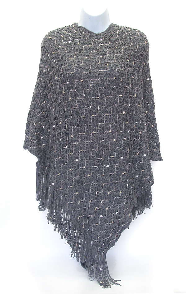 Wave pattern and tassel drop knit poncho - 8.8 oz