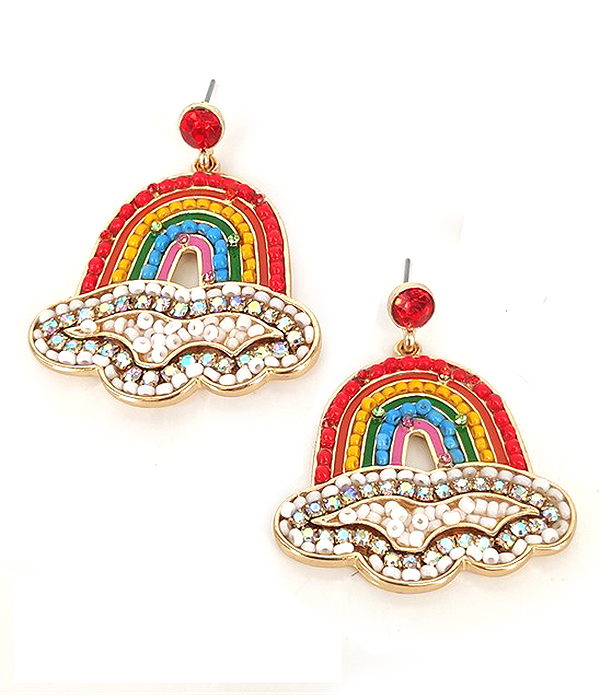 CRYSTAL AND SEEDBEAD CLOUD AND RAINBOW EARRING