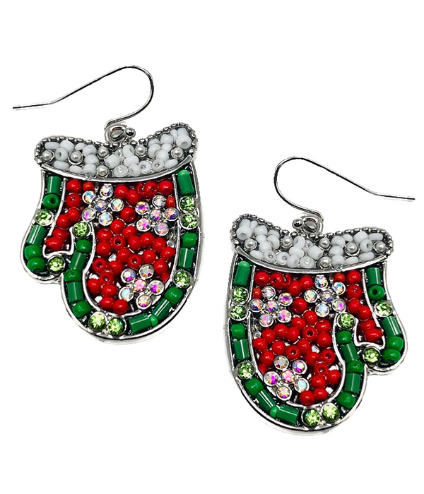 CHRISTMAS THEME CRYSTAL AND SEEDBEAD MITTEN EARRING