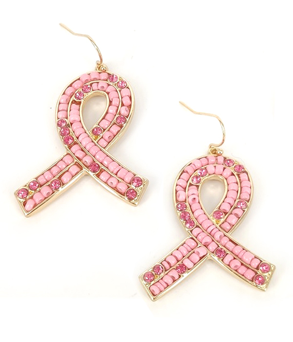 CRYSTAL AND SEEDBEAD PINK RIBBON EARRING