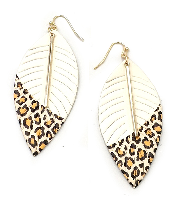 ANIMAL PRINT WOOD FEATHER EARRING - LEOPARD