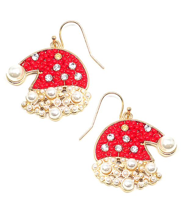 CHRISTMAS THEME SEEDBEAD SANTA HAT EARRING