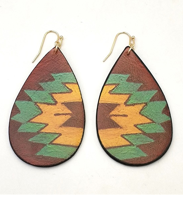 Aztec pattern teardrop wood earring -western