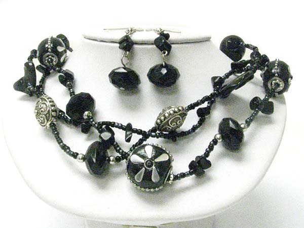 Mixed beads and stone braided necklace earring set