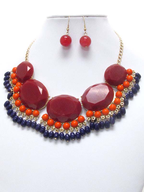 LARGE OVAL FACET STONE LINK AND MULTI BALL BEAD DROP NECKLACE EARRING SET