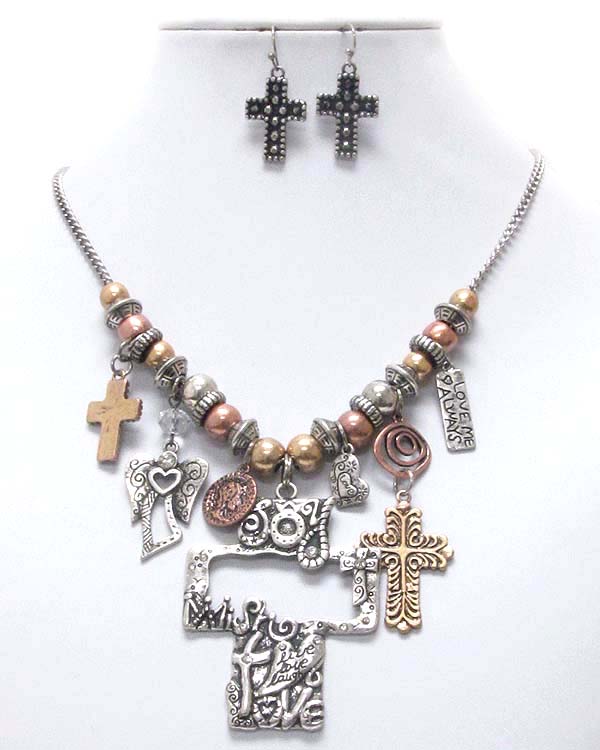 Vintage style inspiration message cross and angel drop necklace earring set