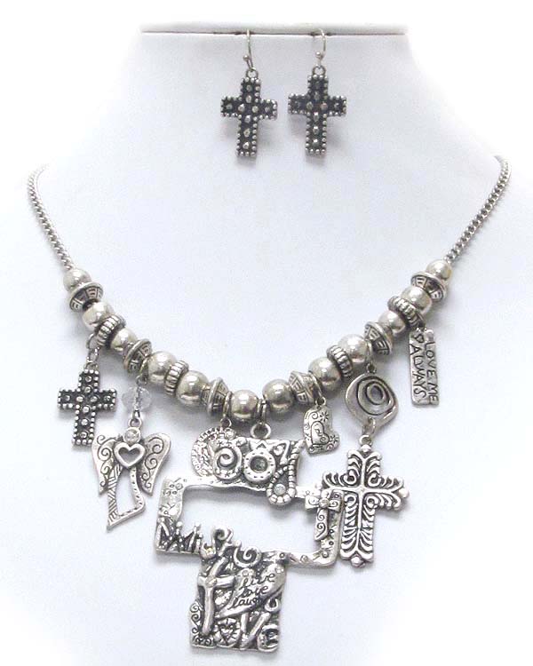 Vintage style inspiration message cross and angel drop necklace earring set