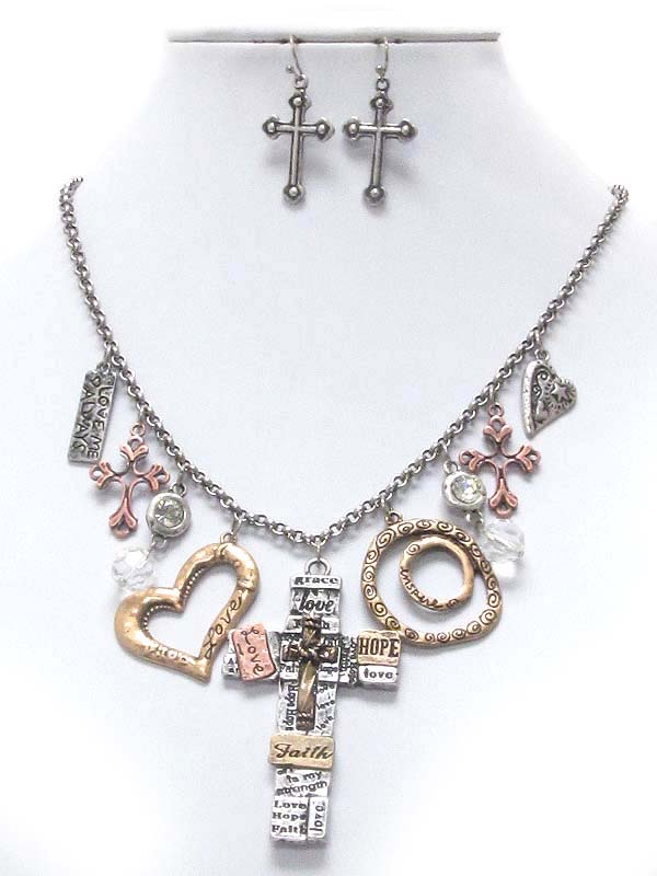 Vintage style inspiration message cross and angel drop necklace earring set