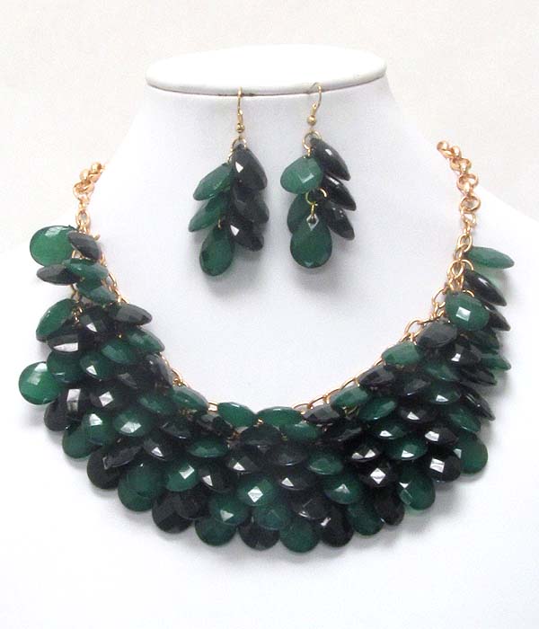 Multi facet teardrop acrylic stone bib necklace earring set