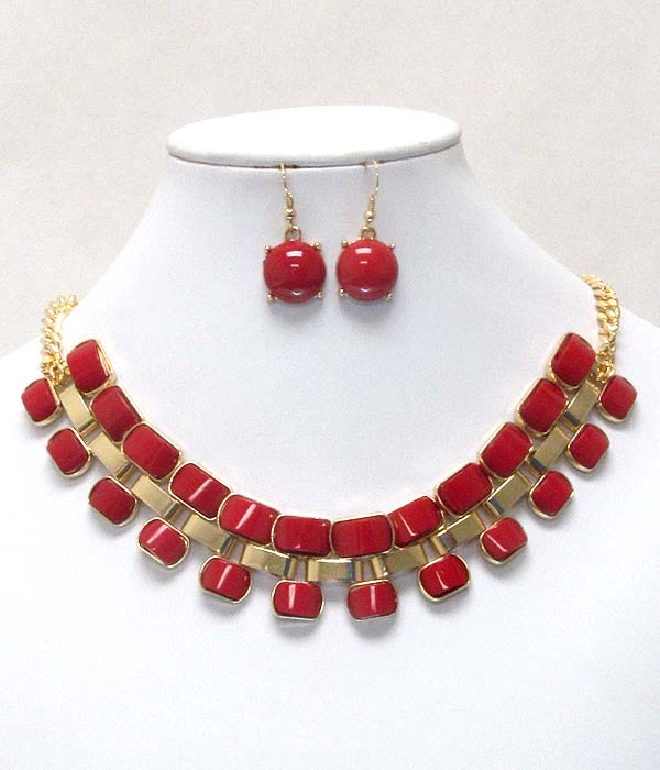 Multi facet acrylic stone and box chain necklace earring set