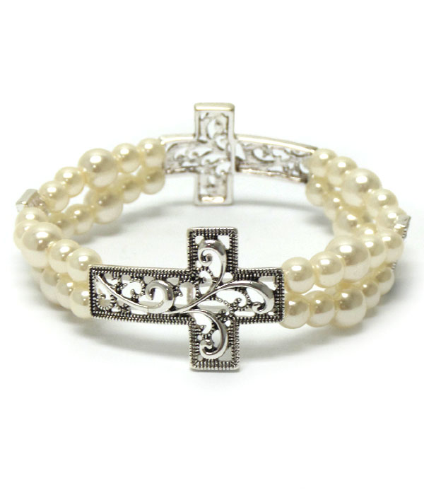 Two layer pearl with cross bracelet