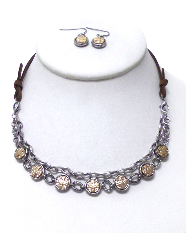 Two layer metal stone linked necklace set 