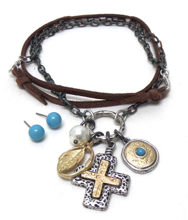 Metal with suede charm dual function necklace or wrap bracelet set