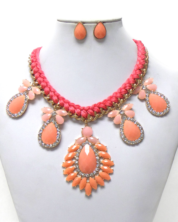 Braided yarn and chain stones necklace set