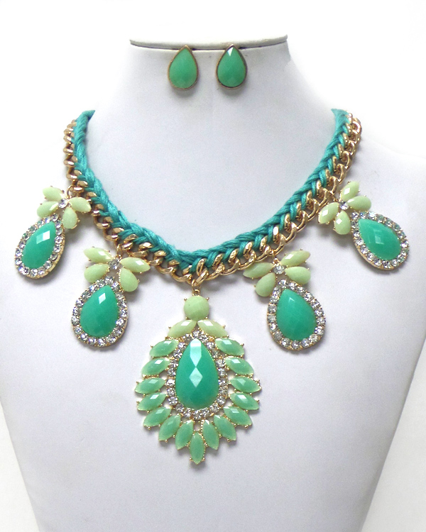 Braided yarn and chain stones necklace set