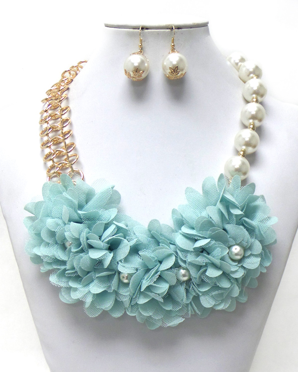 Pearls and chain with fluffy flowers necklace set