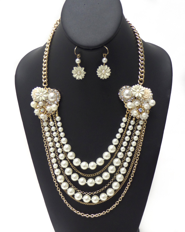 Chain and pearl with flowers necklace set