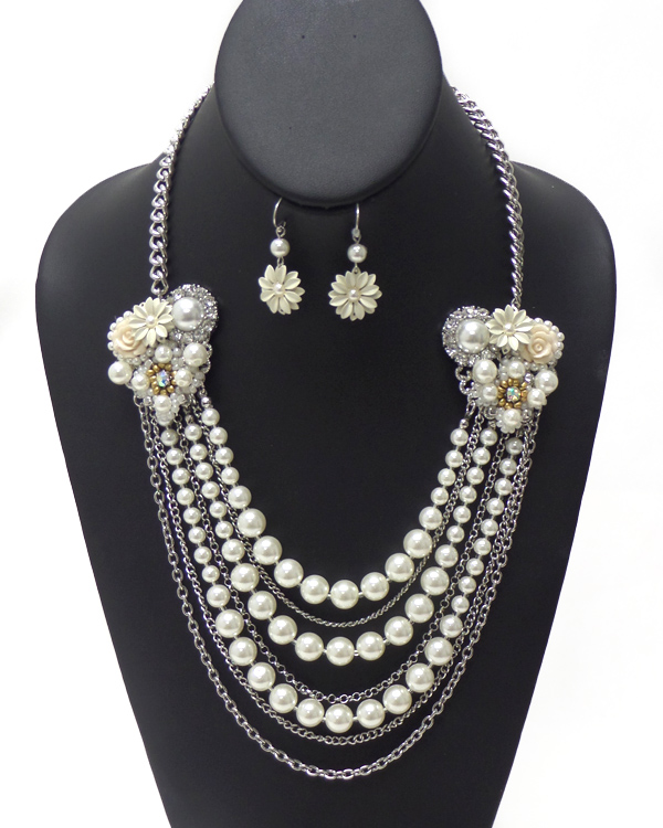 Chain and pearl with flowers necklace set 