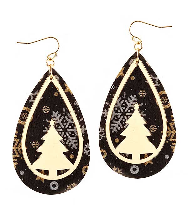 Christmas theme teardrop leatherette earring - tree
