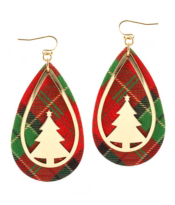 CHRISTMAS THEME TEARDROP LEATHERETTE EARRING - TREE