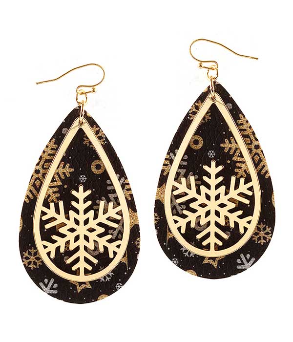 CHRISTMAS THEME TEARDROP LEATHERETTE EARRING - SNOWFLAKE