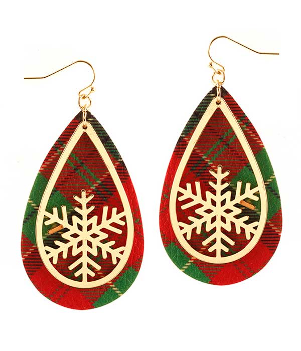 Christmas theme teardrop leatherette earring - snowflake