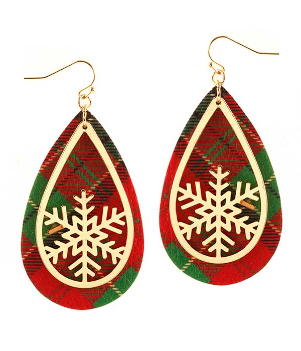 CHRISTMAS THEME TEARDROP LEATHERETTE EARRING - SNOWFLAKE