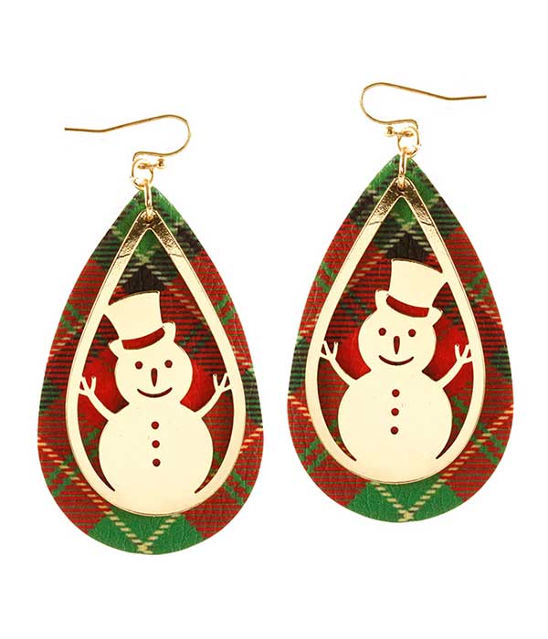 CHRISTMAS THEME TEARDROP LEATHERETTE EARRING - SNOWMAN