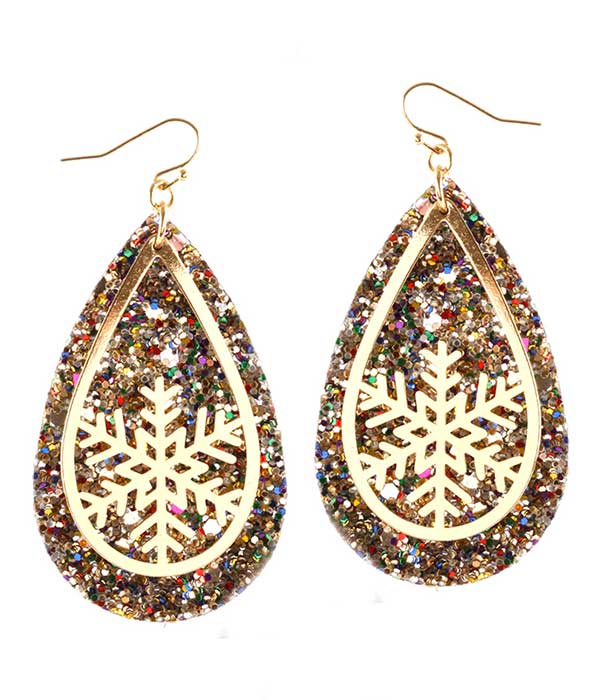 CHRISTMAS THEME TEARDROP LEATHERETTE EARRING - SNOWFLAKE