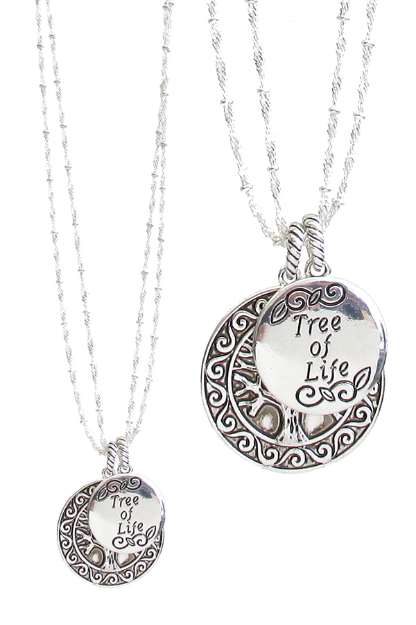 RELIGIOUS INSPIRATION DESIGNER TEXTURED DISC PENDANT NECKLACE - TREE OF LIFE